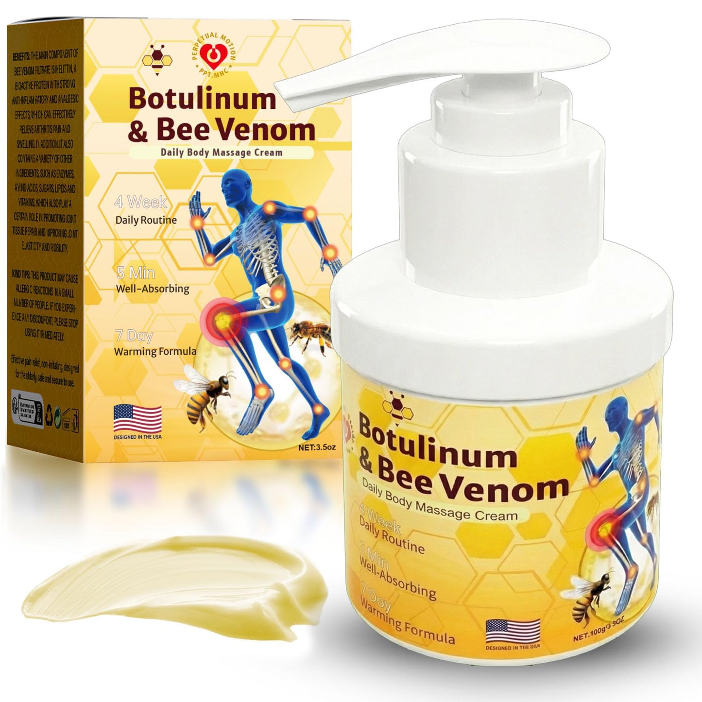 PPT.MHC Bee Venom Warming Cream with Pump - Massage Body Rub with Ginger, Peppermint & Black Pepper - Premium Bee Venom Lotion for Back, Legs & Feet - Everyday Non-Greasy 3.5oz Cream - Maple Wellness Supplements