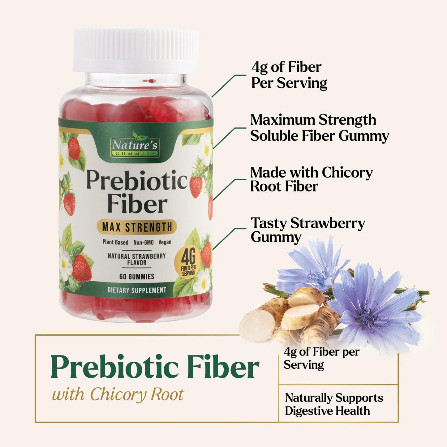 Prebiotic Fiber Gummies - 4g Dietary Fiber Per Serving - Extra Strength Daily Supplement for Adults - Tasty Strawberry Flavor - Plant Based Digestive - Maple Wellness Supplements