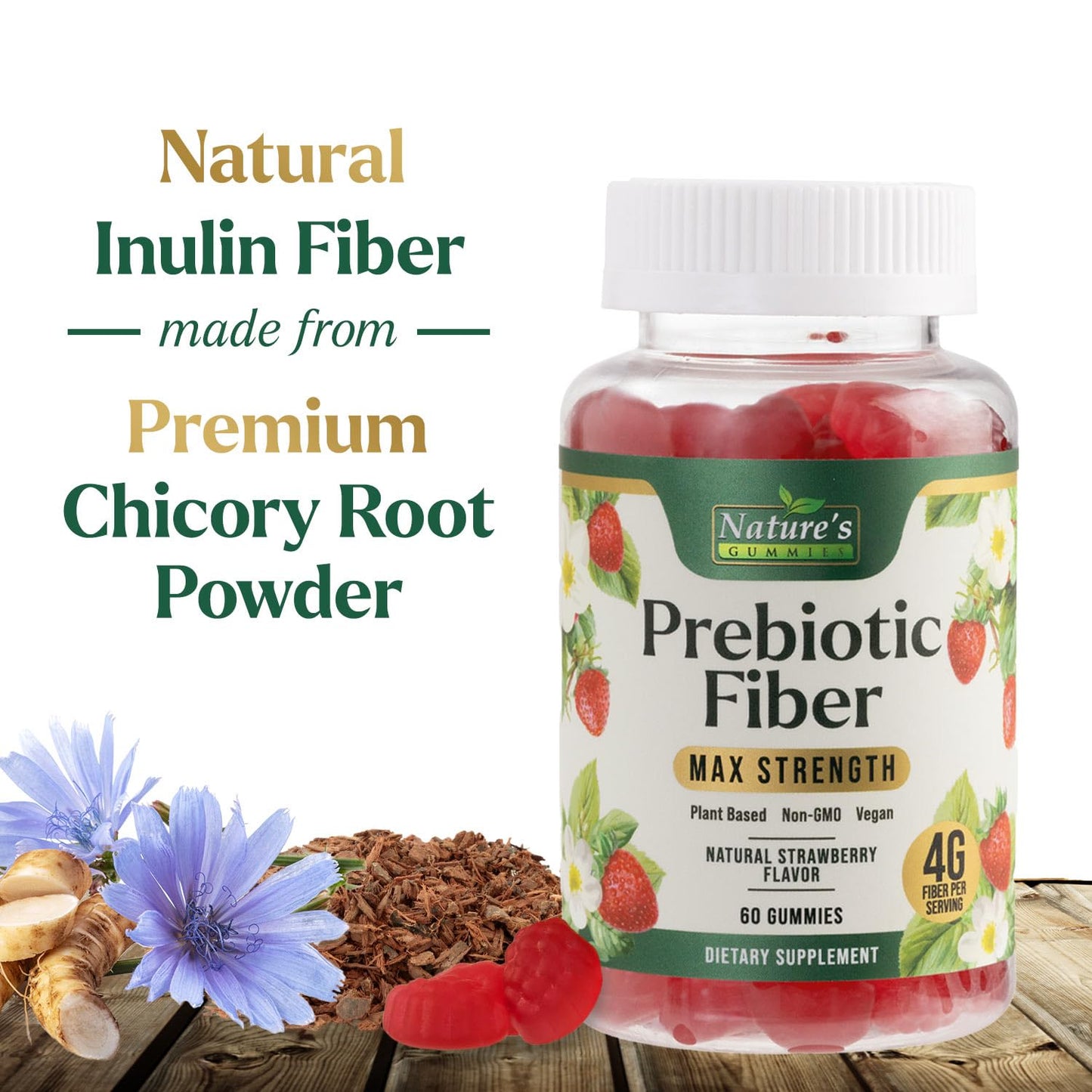 Prebiotic Fiber Gummies - 4g Dietary Fiber Per Serving - Extra Strength Daily Supplement for Adults - Tasty Strawberry Flavor - Plant Based Digestive - Maple Wellness Supplements