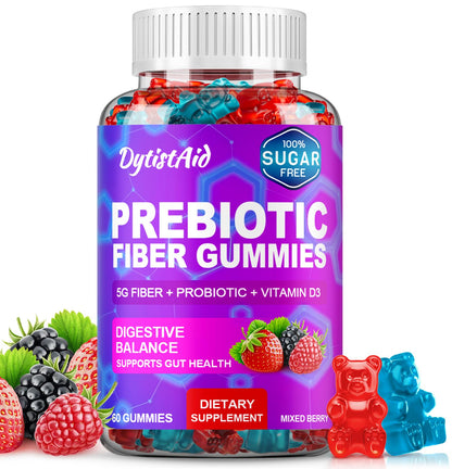 Prebiotic Fiber Gummies, 5g Fiber per Serving, 2 Billion CFU Bacillus Coagulans + Vitamin D3, Sugar Free Pectin Mixed Berry Gummies, Inulin (FOS) + Acacia - Maple Wellness Supplements