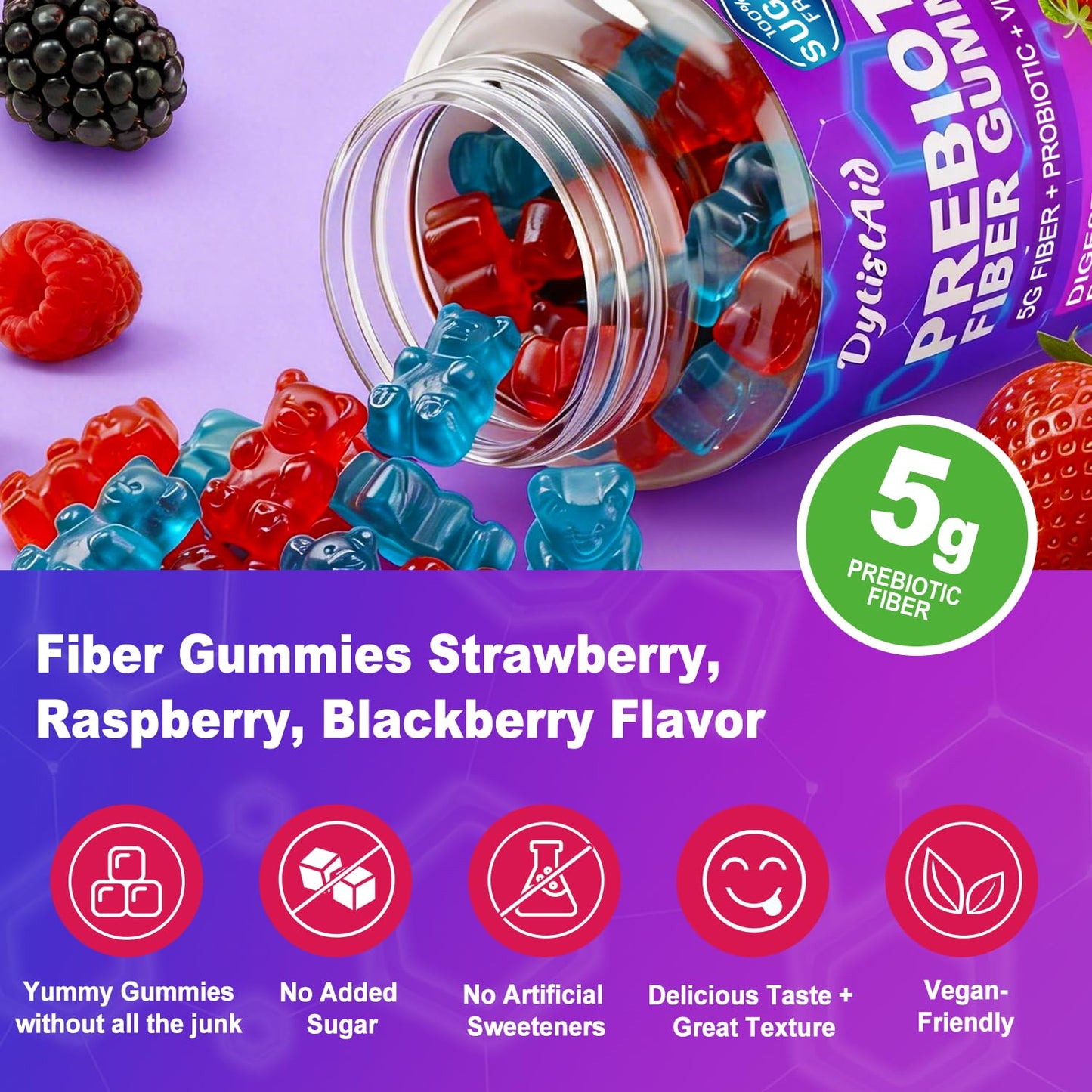 Prebiotic Fiber Gummies, 5g Fiber per Serving, 2 Billion CFU Bacillus Coagulans + Vitamin D3, Sugar Free Pectin Mixed Berry Gummies, Inulin (FOS) + Acacia - Maple Wellness Supplements