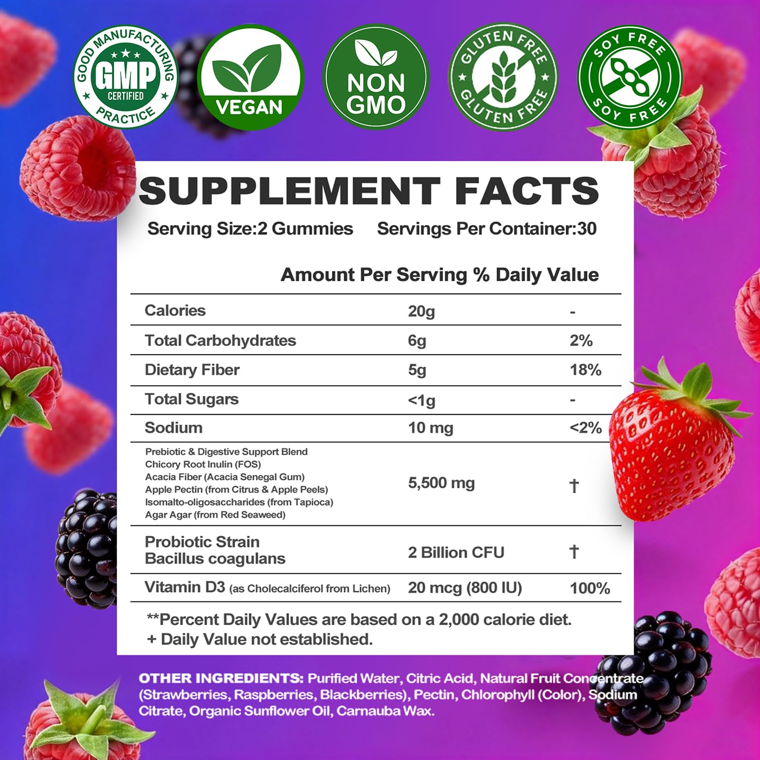 Prebiotic Fiber Gummies, 5g Fiber per Serving, 2 Billion CFU Bacillus Coagulans + Vitamin D3, Sugar Free Pectin Mixed Berry Gummies, Inulin (FOS) + Acacia - Maple Wellness Supplements