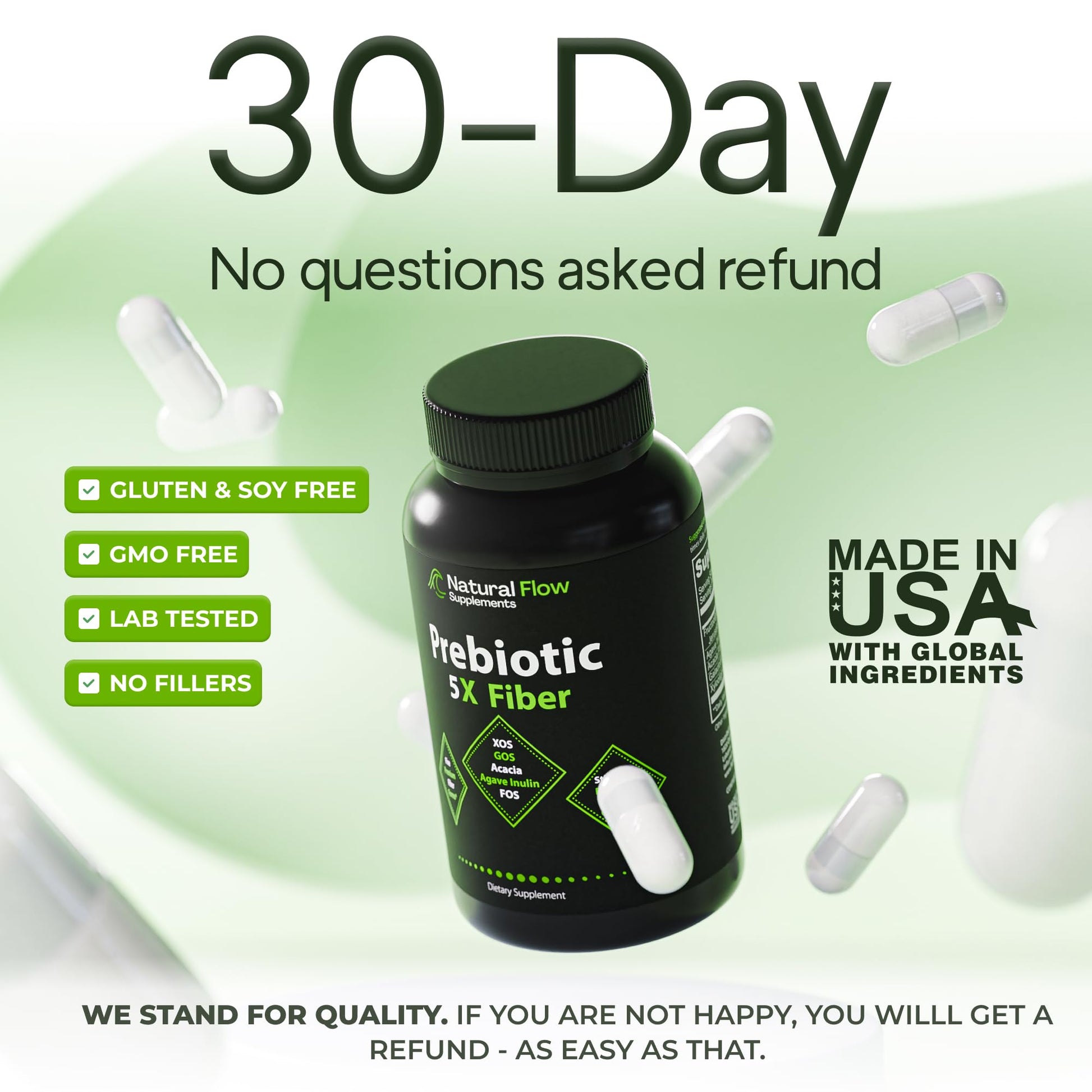 Prebiotic Fiber Supplement 5-in-1 Capsules - Natural Flow 5X Fiber XOS, GOS, FOS, Acacia and Agave Inulin, Daily Soluble Fiber Formula for Gut Support - Maple Wellness Supplements