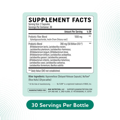 Prebiotics and Probiotics | 50 Billion CFU, 16 Probiotic Strains & Inulin Prebiotic Fiber | Delayed Release Capsules | Gut Health Support | Prebiotics and Probiotics for Women & Men | Non-GMO | 60 Ct - Maple Wellness Supplements