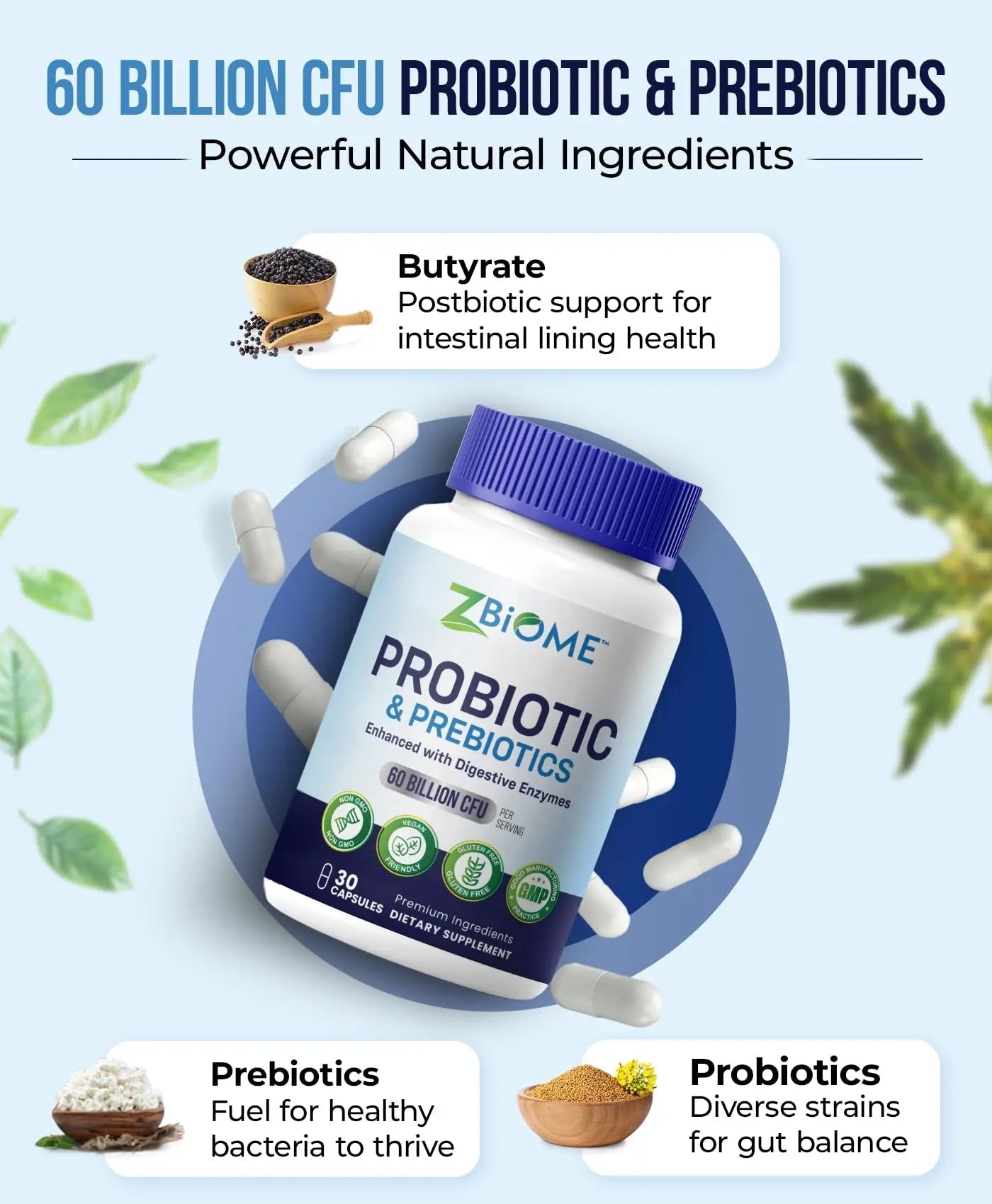 Prebiotics and Probiotics for Men & Women – 60 Billion CFU with 10 Strains – Pre and Probiotics with Acidophilus for Immune, Gut Health, Digestive Support, Constipation,Diarrhea, Gas & Bloating -30ct - Maple Wellness Supplements