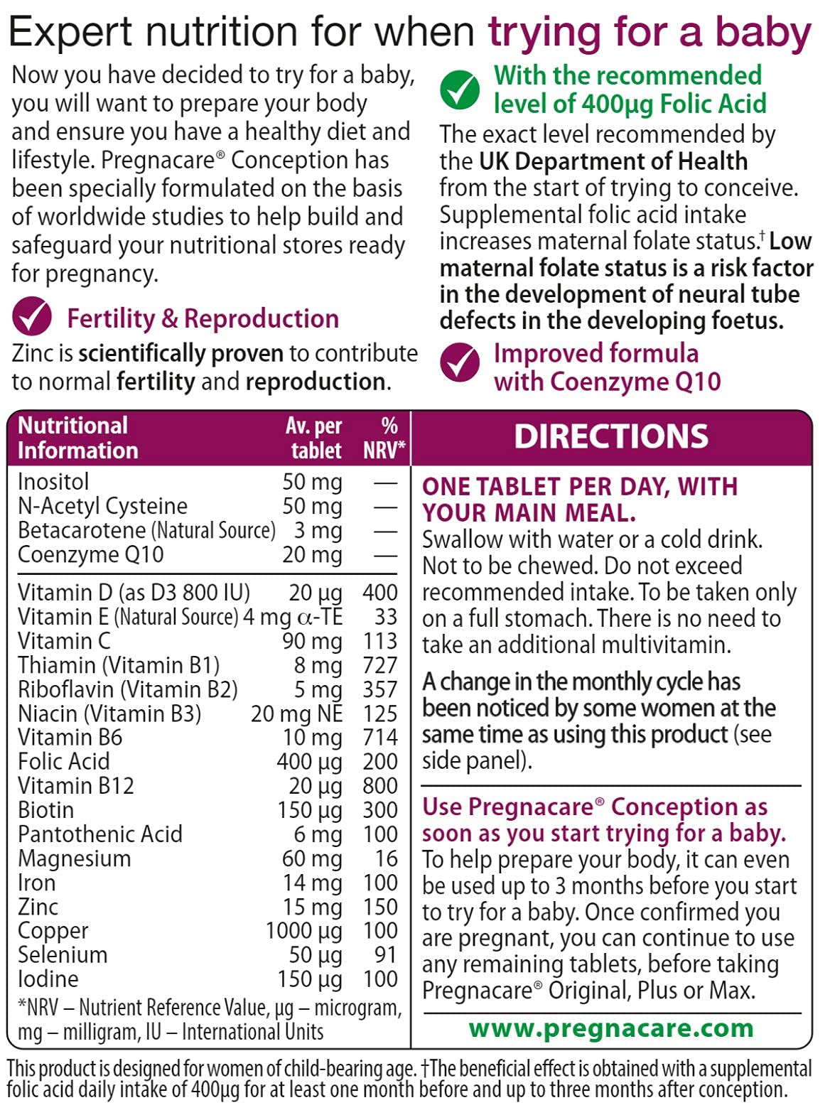 Pregnacare Conception Tablets, Pack of 30, 30 Count - Maple Wellness Supplements