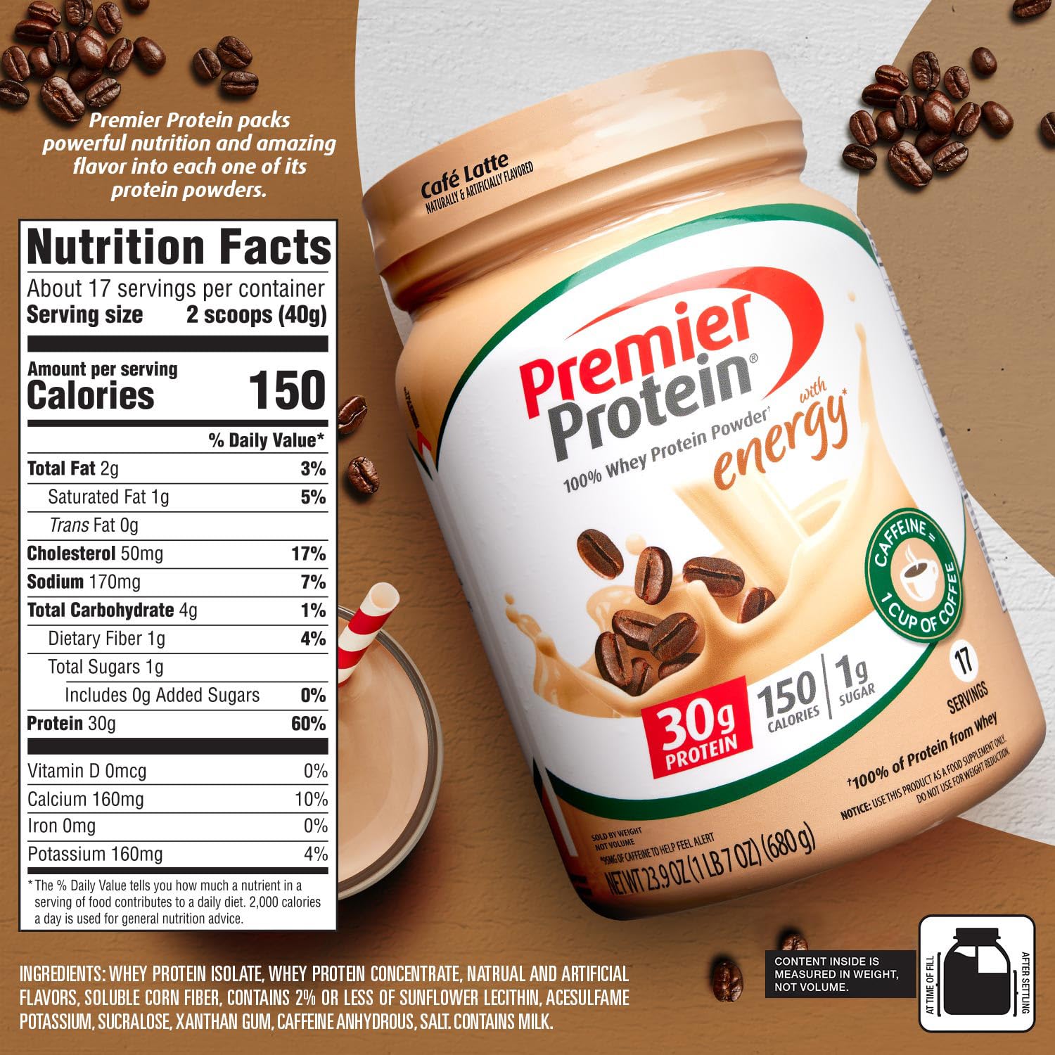 Premier Protein Powder, Cafe Latte , 30g Protein, 1g Sugar, 100% Whey Protein - Maple Wellness Supplements