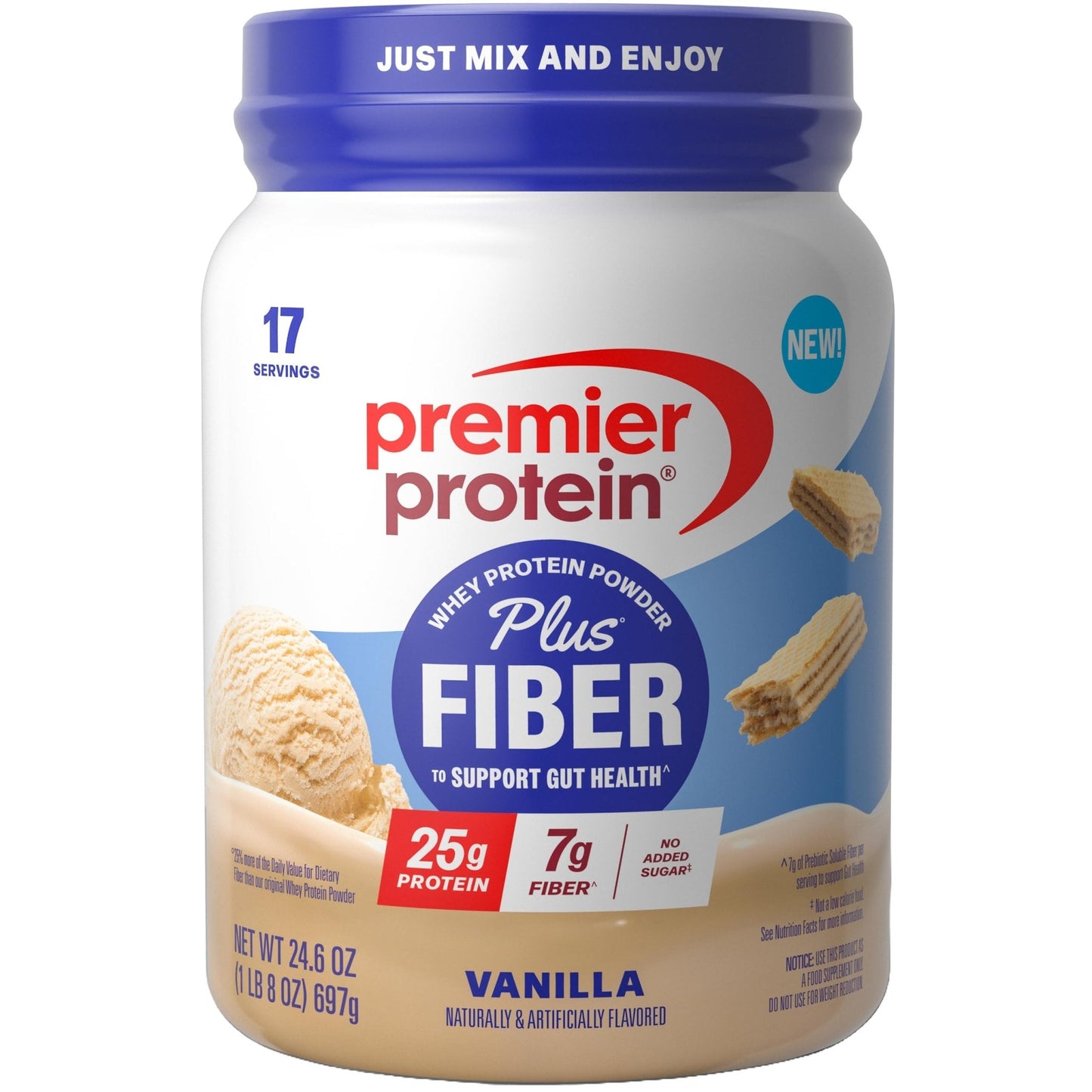 Premier Protein Powder Plus Fiber, Vanilla, 25g Protein, 7g Fiber to Support Gut Health, No Added Sugar (17 Servings) - Maple Wellness Supplements
