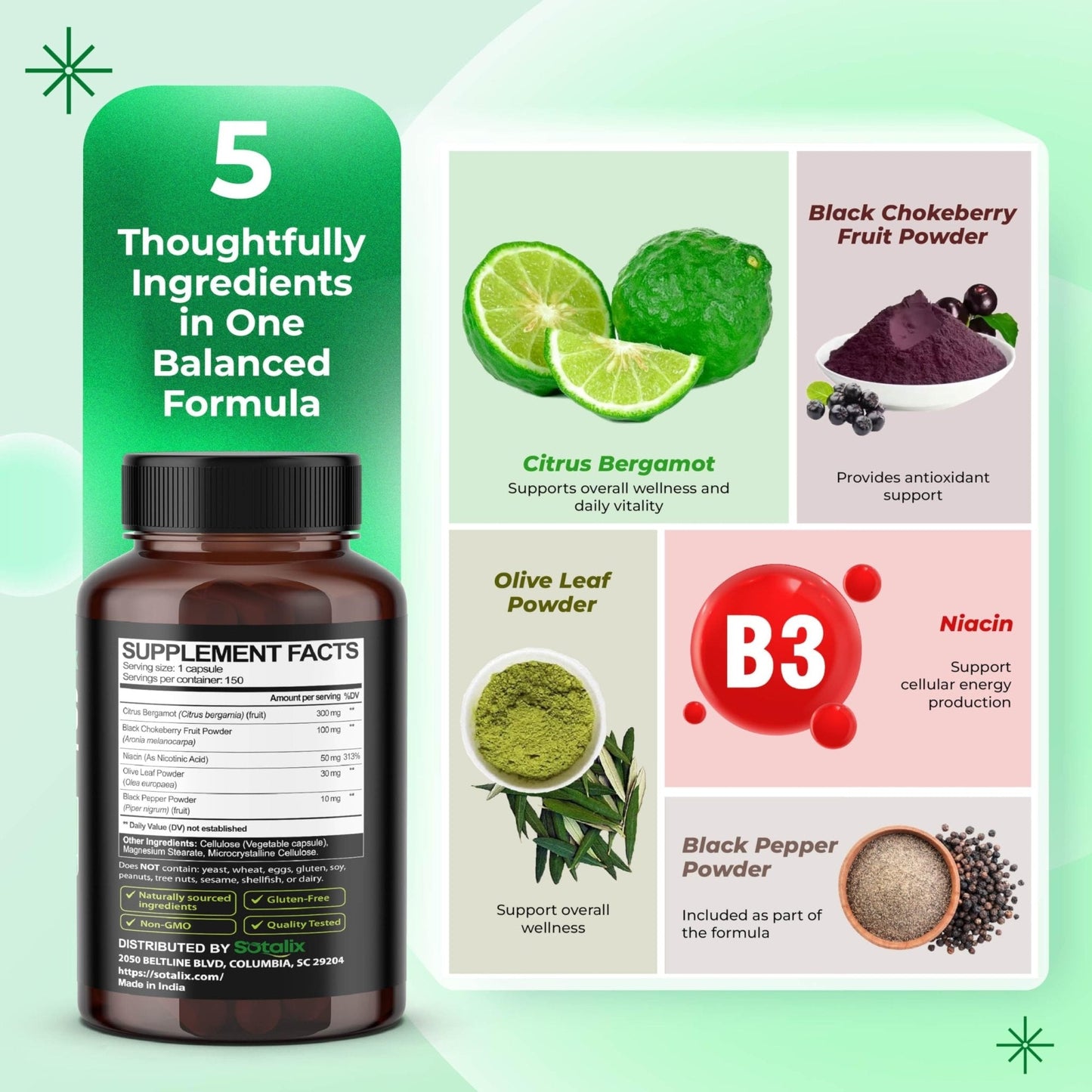 Premium Citrus Bergamot Organic Bergamot Supplement with Niacin Black Chokeberry Olive Leaf Black Pepper - Maple Wellness Supplements