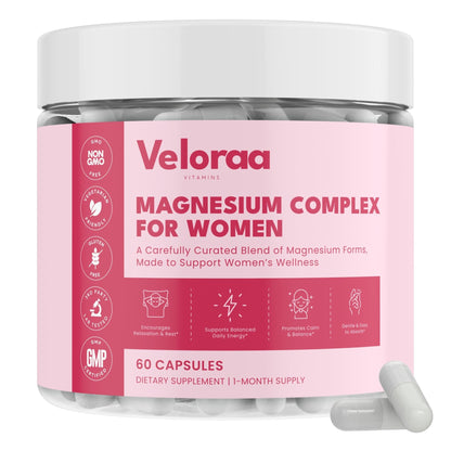 Premium Magnesium Complex for Women 60 Capsules | Complete 3-in-1 with Magnesium Glycinate Citrate & Malate Supports Calm, Digestion, Energy Vegan & Non-GMO Supplement | Veloraa - Maple Wellness Supplements
