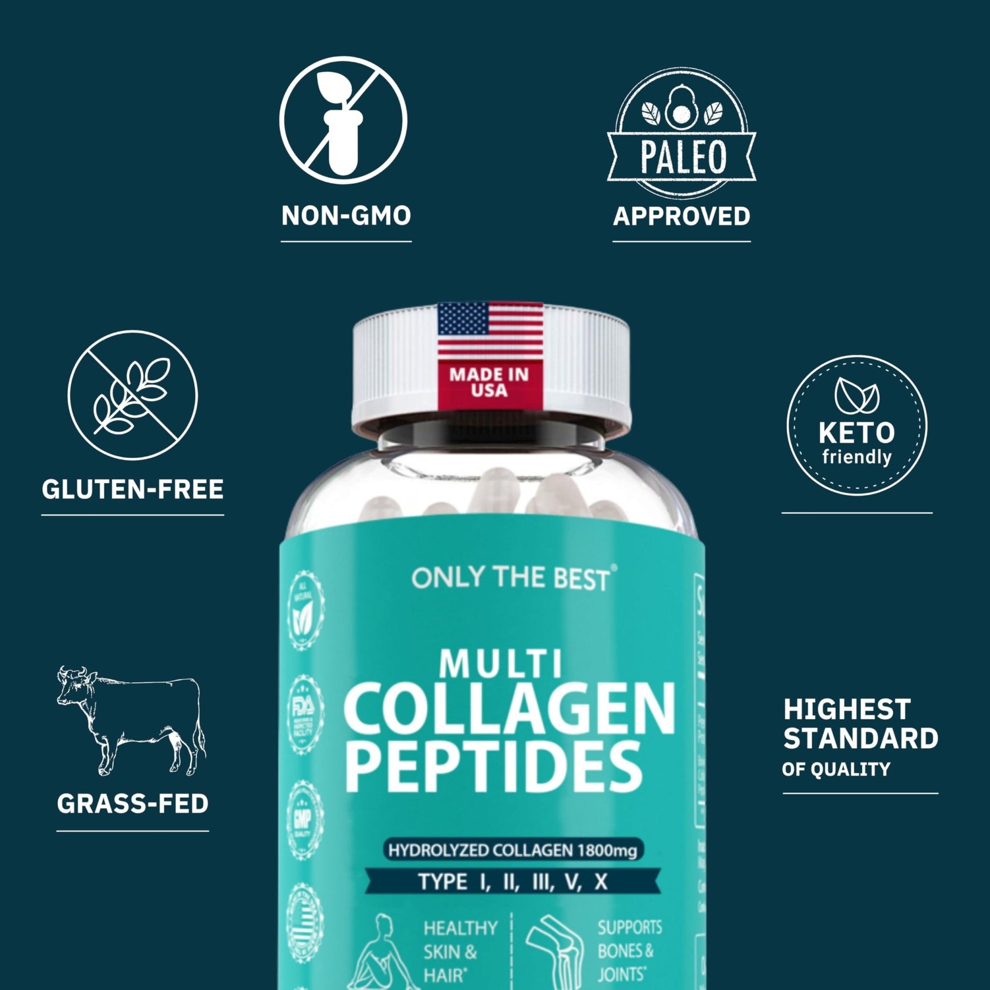 Premium Multi Collagen Peptides Capsules 1800mg - Types I, II, III, V, X To Support Skin, Hair, Nails - Helps Bones, Joints, Muscles, & Digestive Health - Maple Wellness Supplements