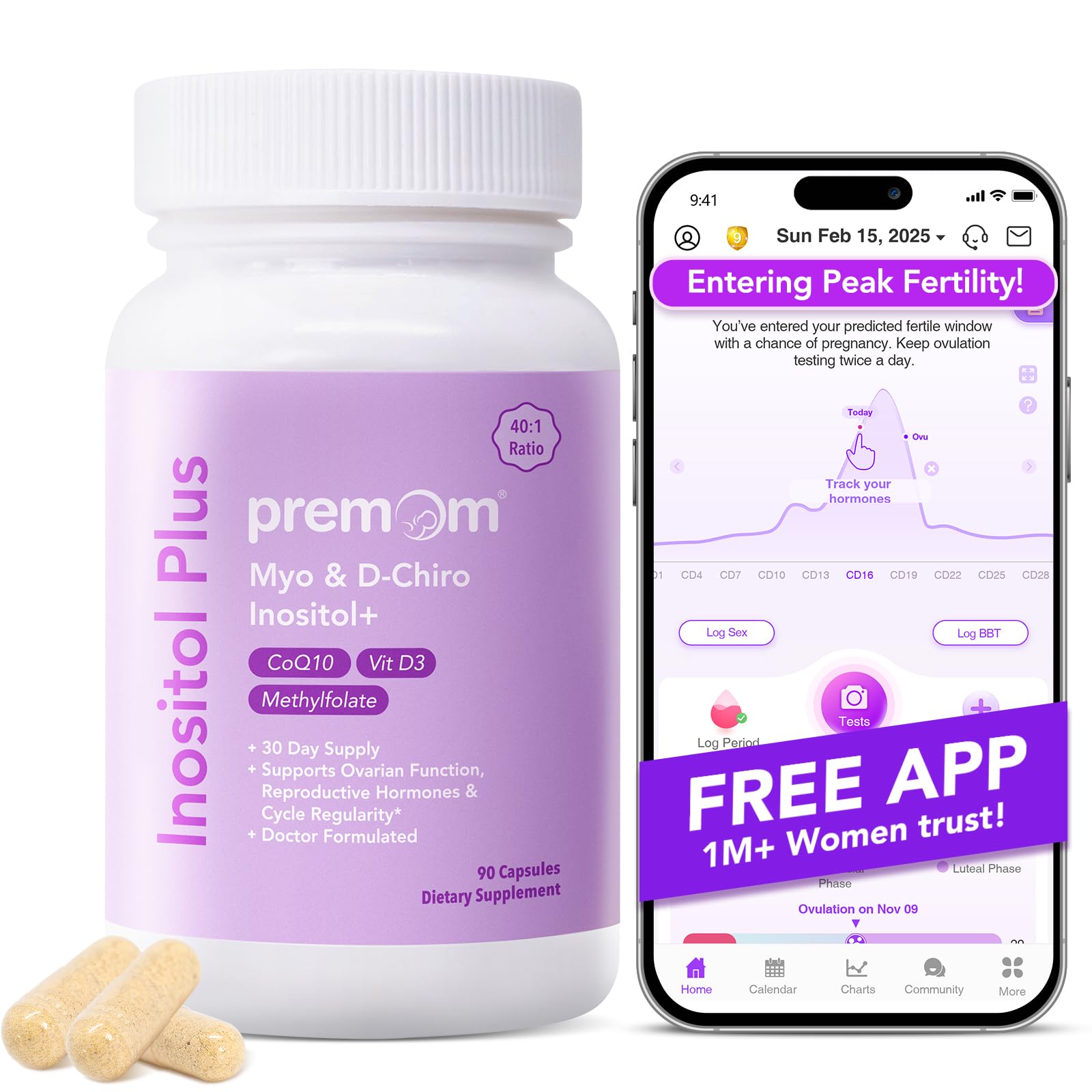 Premom Inositol Plus - 2000mg Myo-Inositol & 50mg D-Chiro Inositol, CoQ10, Folate & Vitamin D3-40:1 Ratio - Supports Hormonal Balance, Ovarian & Reproductive Health - 30 Day Supply - Maple Wellness Supplements