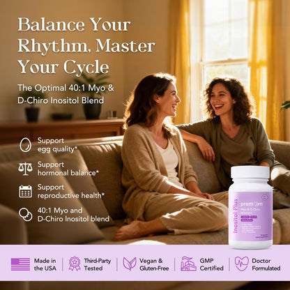Premom Inositol Plus - 2000mg Myo-Inositol & 50mg D-Chiro Inositol, CoQ10, Folate & Vitamin D3-40:1 Ratio - Supports Hormonal Balance, Ovarian & Reproductive Health - 30 Day Supply - Maple Wellness Supplements
