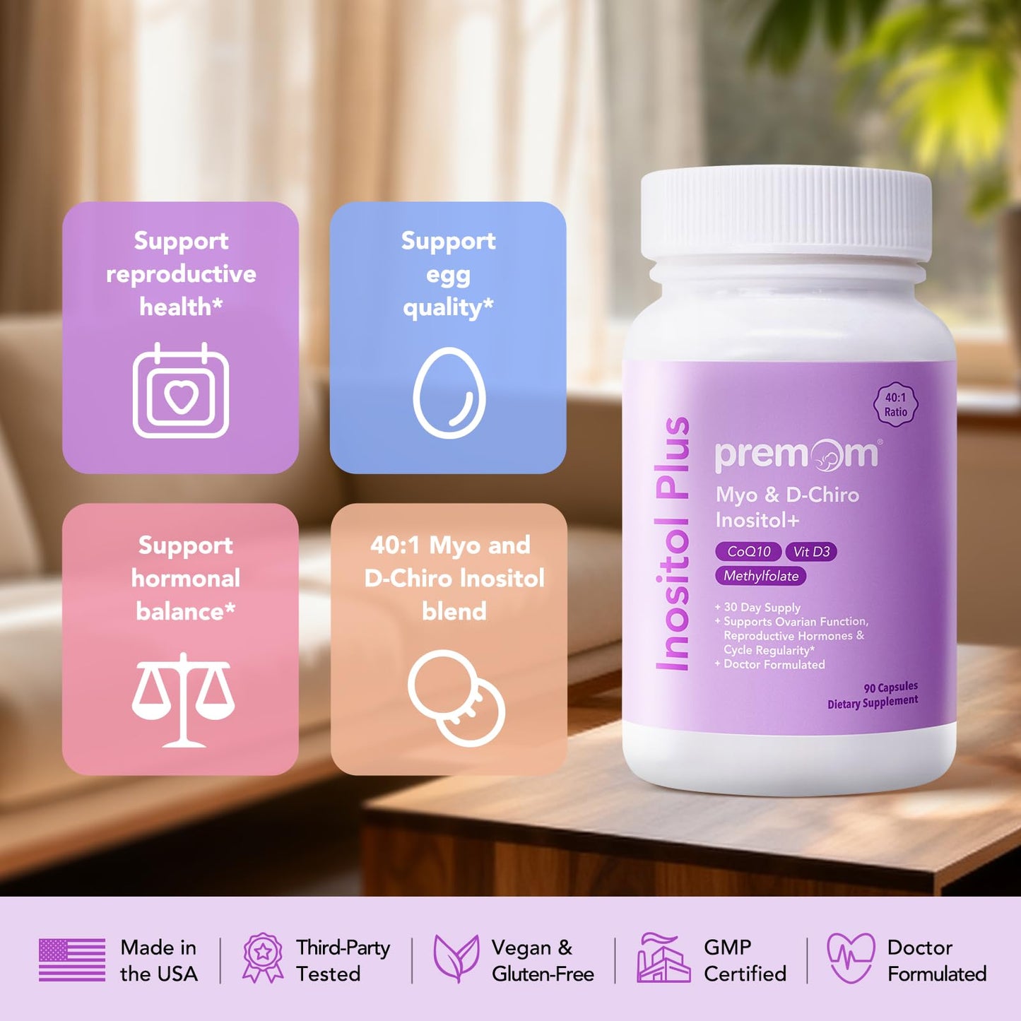 Premom Inositol Plus - 2000mg Myo-Inositol & 50mg D-Chiro Inositol, CoQ10, Folate & Vitamin D3-40:1 Ratio - Supports Hormonal Balance, Ovarian & Reproductive Health - 30 Day Supply - Maple Wellness Supplements