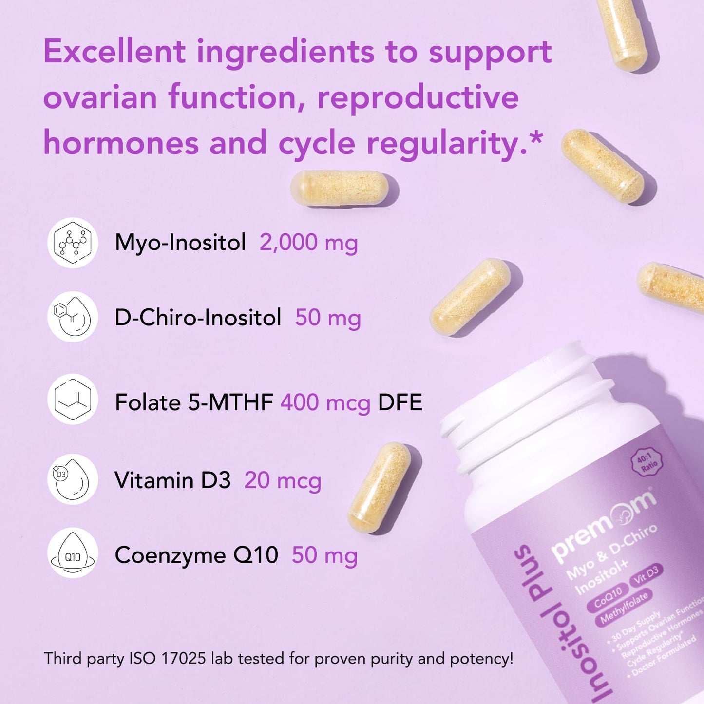 Premom Inositol Plus - 2000mg Myo-Inositol & 50mg D-Chiro Inositol, CoQ10, Folate & Vitamin D3-40:1 Ratio - Supports Hormonal Balance, Ovarian & Reproductive Health - 30 Day Supply - Maple Wellness Supplements