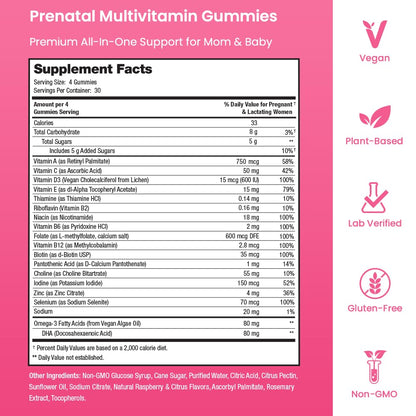 Prenatal Vitamin Gummies with DHA | Vegan Prenatal Vitamins for Women with Omega 3, Methylfolate, Choline & D3, Pregnancy Vitamins for Fetal Development - Maple Wellness Supplements