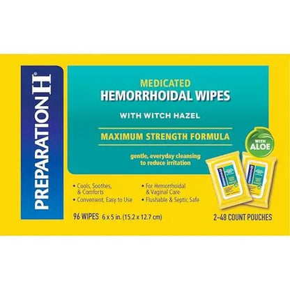 Preparation H Hemorrhoid Flushable Wipes with Witch Hazel for Skin Irritation Relief - 96 Count - Maple Wellness Supplements