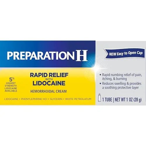 Preparation H Rapid Relief Hemorrhoid Cream with Lidocaine, Numbing Relief for Swelling, Pain, Burning and Itching - 1 Oz Tube - Maple Wellness Supplements