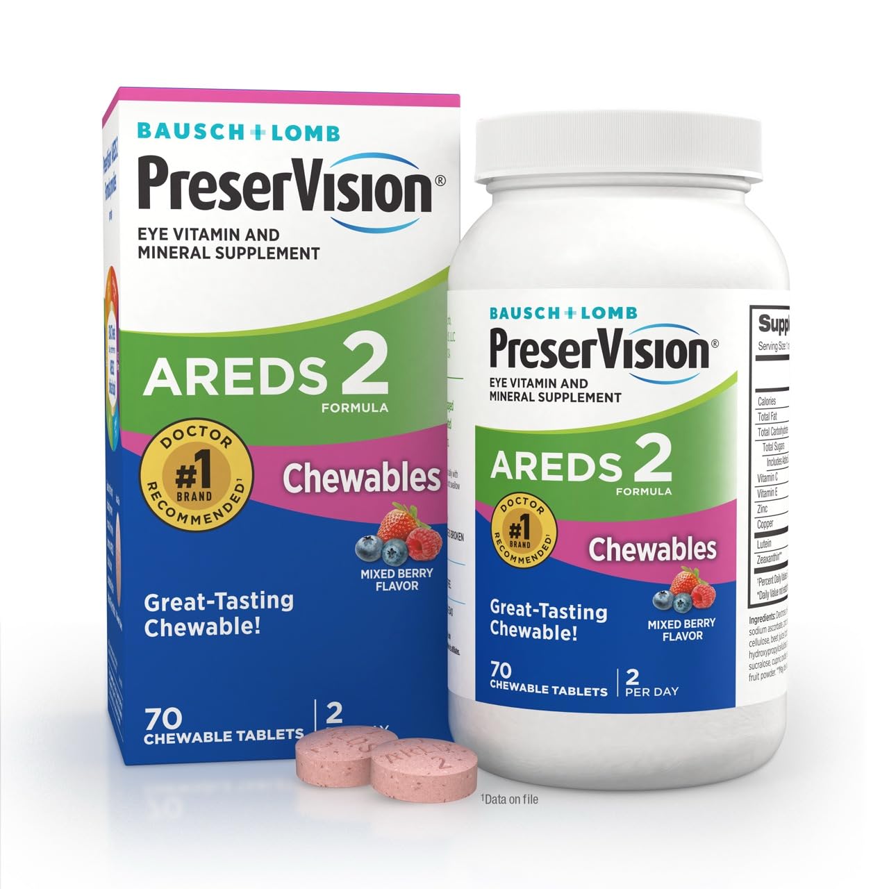 PreserVision AREDS 2 Eye Vitamins, 1 Eye Doctor Recommended Brand, Chewable Lutein and Zeaxanthin Supplement with Vitamin C, Vitamin E,Zinc, and Copper, Mixed Berry, 70 Tablets - Maple Wellness Supplements