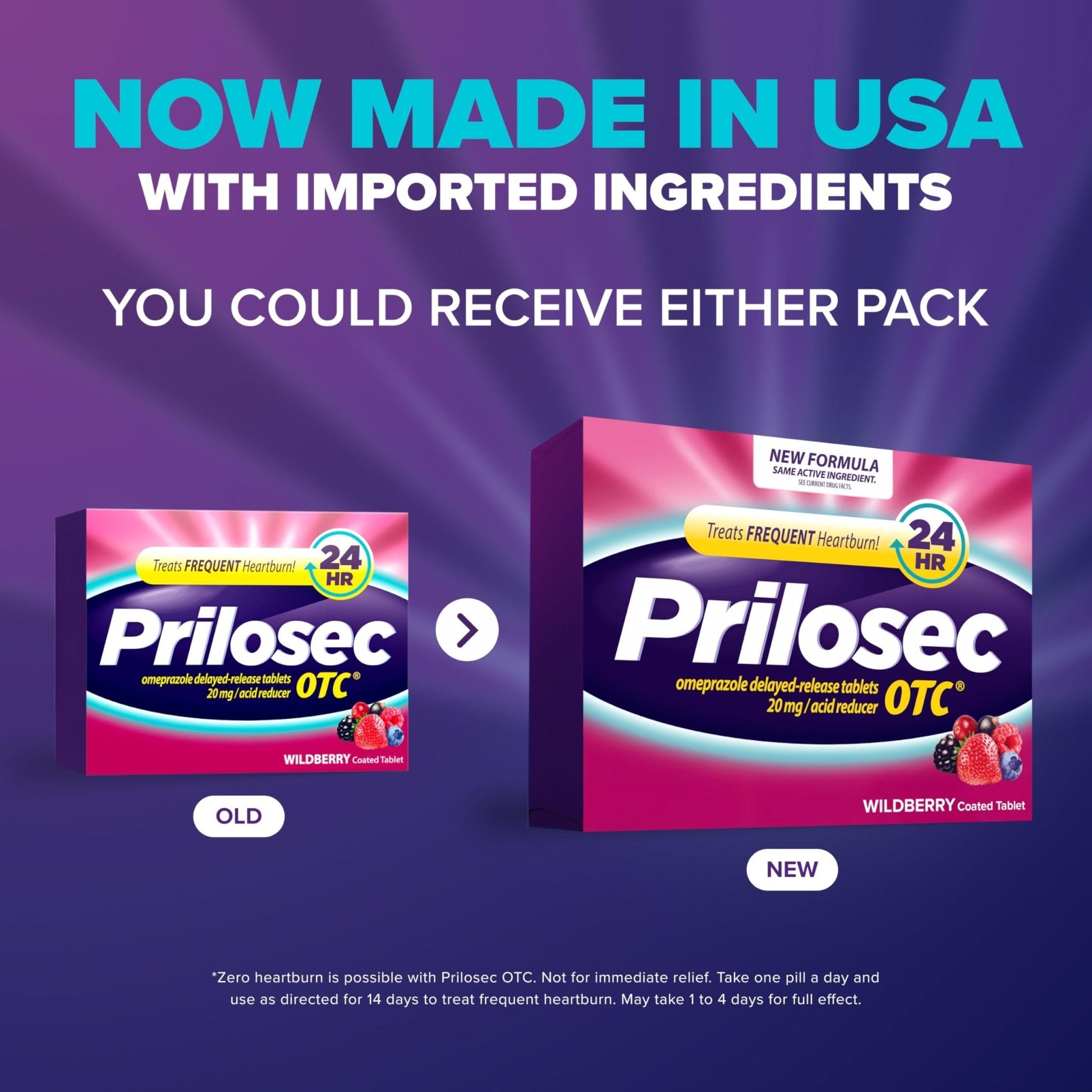 Prilosec OTC, Omeprazole Delayed Release 20mg, Acid Reducer, Treats Frequent Heartburn for 24 Hour Relief, All Day, All Night*, Heartburn Medicine, 20mg, Wildberry Flavor, 42 Tablets - Maple Wellness Supplements