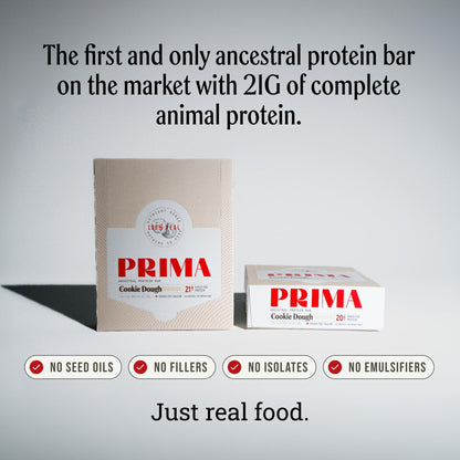 PRIMA Cookie Dough Protein Bar | 21g Grass Fed Whey and Collagen | No Seed Oils, No Preservatives, Raw Honey Sweetened | 7 Pack - Maple Wellness Supplements