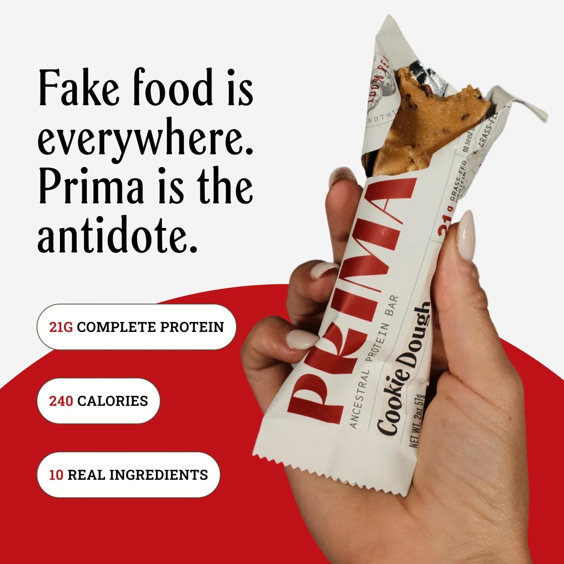 PRIMA Cookie Dough Protein Bar | 21g Grass Fed Whey and Collagen | No Seed Oils, No Preservatives, Raw Honey Sweetened | 7 Pack - Maple Wellness Supplements