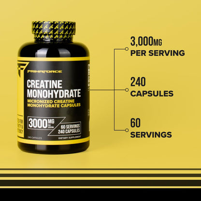 Primaforce Creatine Monohydrate Capsules - 240 Capsules, 3,000mg per Serving, Gluten Free and Non-GMO - Maple Wellness Supplements