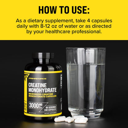 Primaforce Creatine Monohydrate Capsules - 240 Capsules, 3,000mg per Serving, Gluten Free and Non-GMO - Maple Wellness Supplements