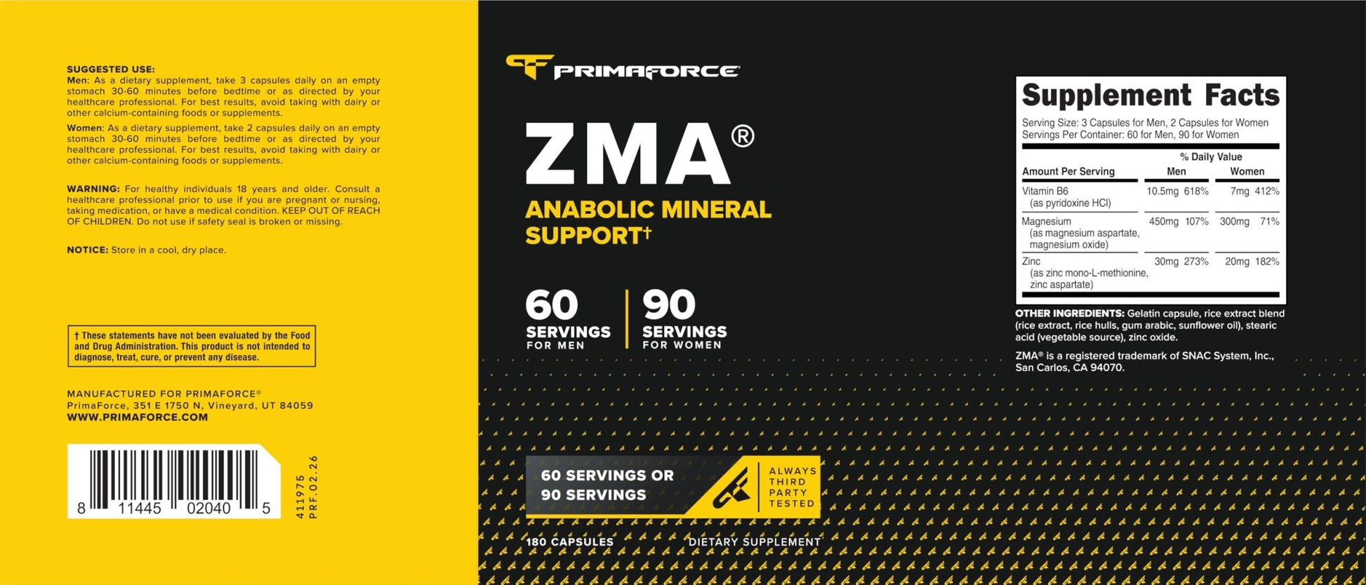 Primaforce ZMA Dietary Supplement, 180 Capsules - Maple Wellness Supplements