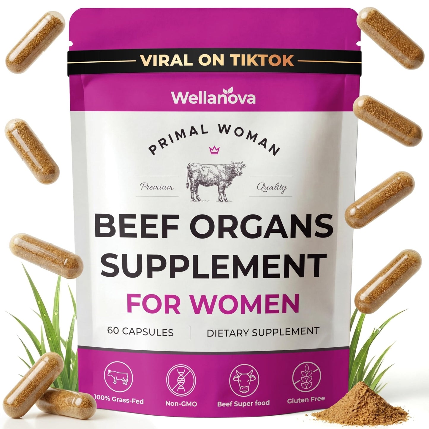 Primal Beef Organ Supplement for Women, Grass-Fed Ancestral Superfood Supplement with Uterus & Liver for Hormone Balance & Queen Energy - 60 Day Supply - Maple Wellness Supplements