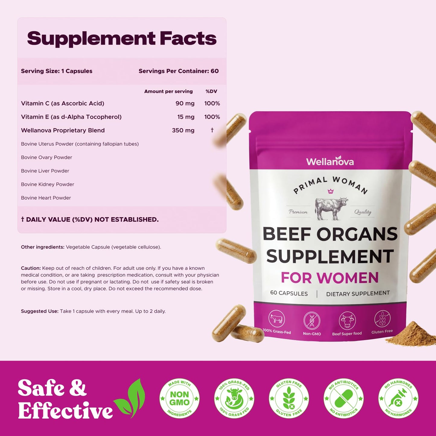 Primal Beef Organ Supplement for Women, Grass-Fed Ancestral Superfood Supplement with Uterus & Liver for Hormone Balance & Queen Energy - 60 Day Supply - Maple Wellness Supplements