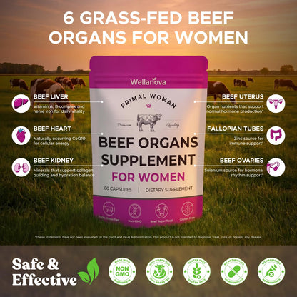 Primal Beef Organ Supplement for Women, Grass-Fed Ancestral Superfood Supplement with Uterus & Liver for Hormone Balance & Queen Energy - 60 Day Supply - Maple Wellness Supplements
