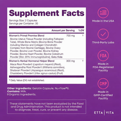 Primal Beef Organ Supplement for Women (Made in USA) Boosted w Shatavari, Maca, Ashwagandha, and Chasteberry - Grass Fed Uterus, Ovary, Liver, Kidney, Heart Bone Matrix - Maple Wellness Supplements