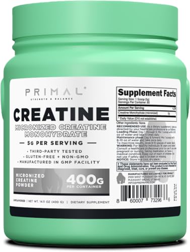 Primal Creatine Monohydrate Powder (400 Grams) | Unflavored Micronized Creatine - Maple Wellness Supplements