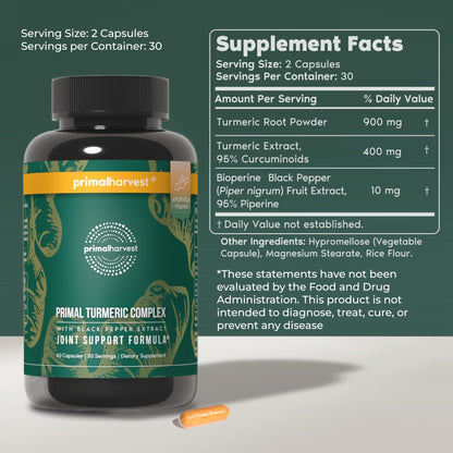 Primal Harvest 1 Pack, Primal Turmeric Complex w/Black Pepper Extract, Joint and Mobility Support Turmeric Supplement for Women & Men, 60 Capsules - Maple Wellness Supplements