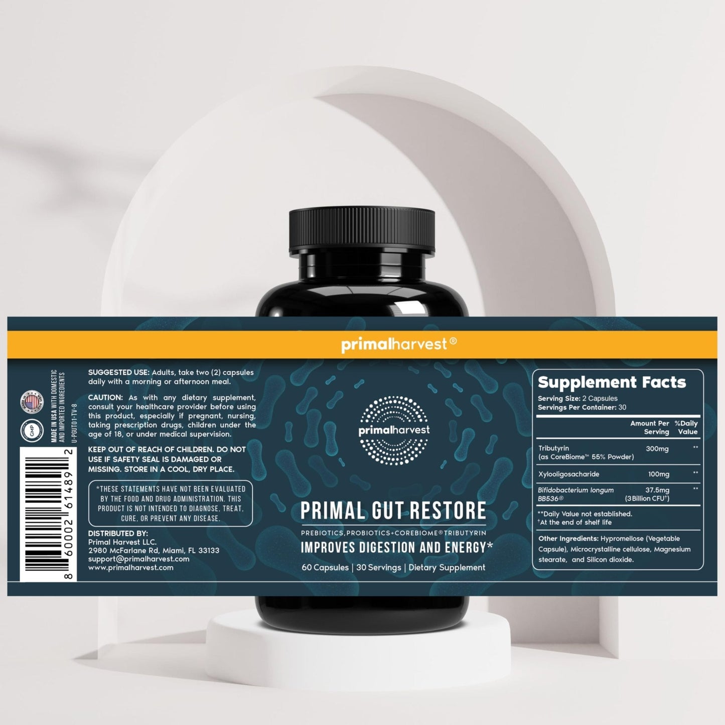 Primal Harvest 2 Pack, Restore for Gut Health, Primal Gut Restore w/POSTbiotics, PREbiotics and PRObiotics for Women and Men, 60 CT - Digestion, - Maple Wellness Supplements