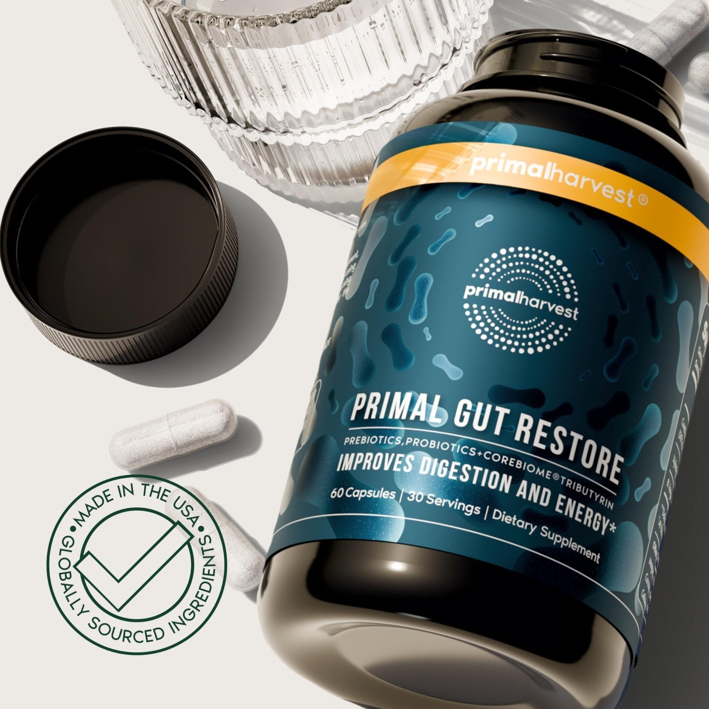 Primal Harvest 2 Pack, Restore for Gut Health, Primal Gut Restore w/POSTbiotics, PREbiotics and PRObiotics for Women and Men, 60 CT - Digestion, - Maple Wellness Supplements