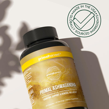 Primal Harvest Ashwagandha Supplement with 5 Mushroom Extracts: Lion’s Mane, Reishi, Cordyceps, Turkey Tail & Maitake for Immune Support & Cognitive Health - Maple Wellness Supplements