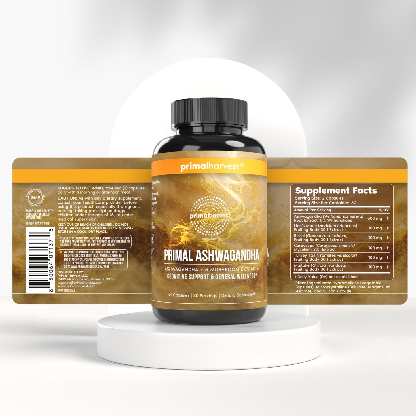 Primal Harvest Ashwagandha Supplement with 5 Mushroom Extracts: Lion’s Mane, Reishi, Cordyceps, Turkey Tail & Maitake for Immune Support & Cognitive Health - Maple Wellness Supplements