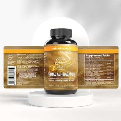 Primal Harvest Ashwagandha Supplement with 5 Mushroom Extracts: Lion’s Mane, Reishi, Cordyceps, Turkey Tail & Maitake for Immune Support & Cognitive Health - Maple Wellness Supplements