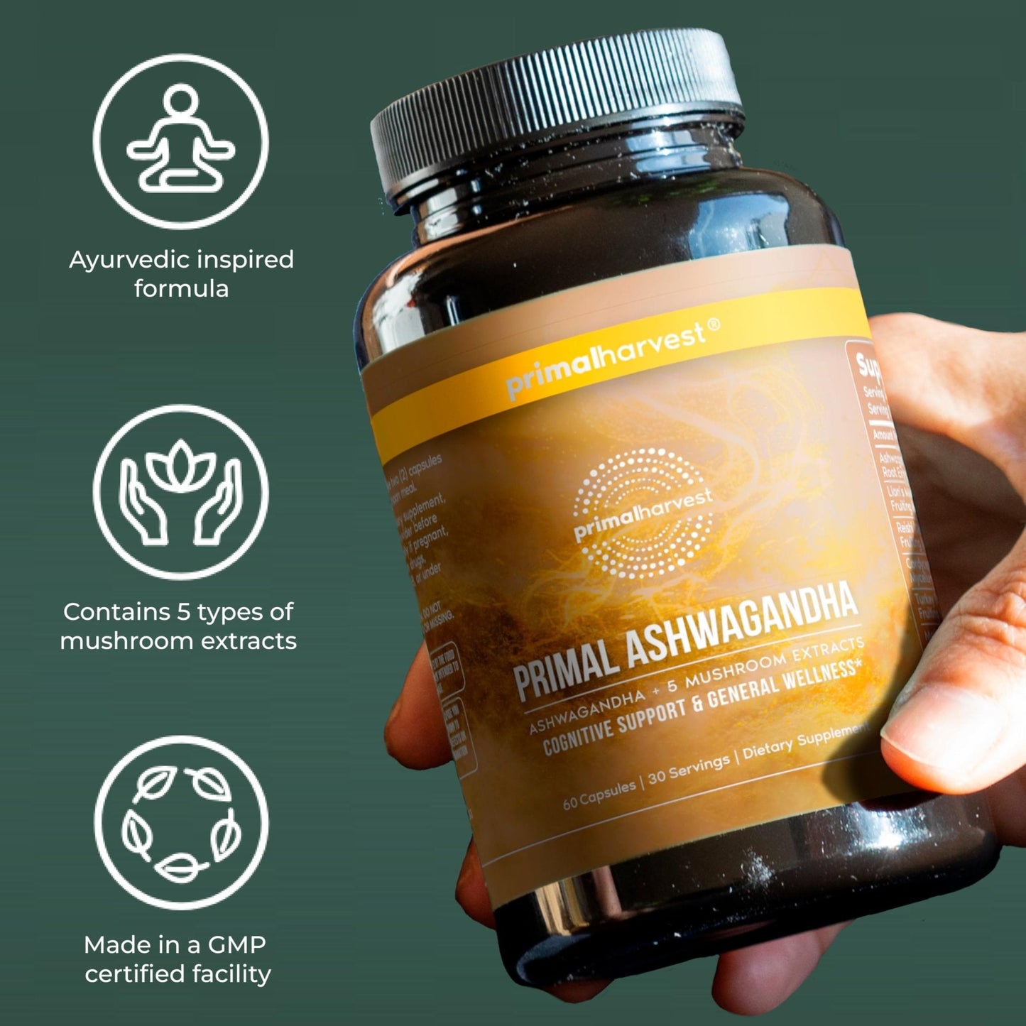 Primal Harvest Ashwagandha Supplement with 5 Mushroom Extracts: Lion’s Mane, Reishi, Cordyceps, Turkey Tail & Maitake for Immune Support & Cognitive Health - Maple Wellness Supplements