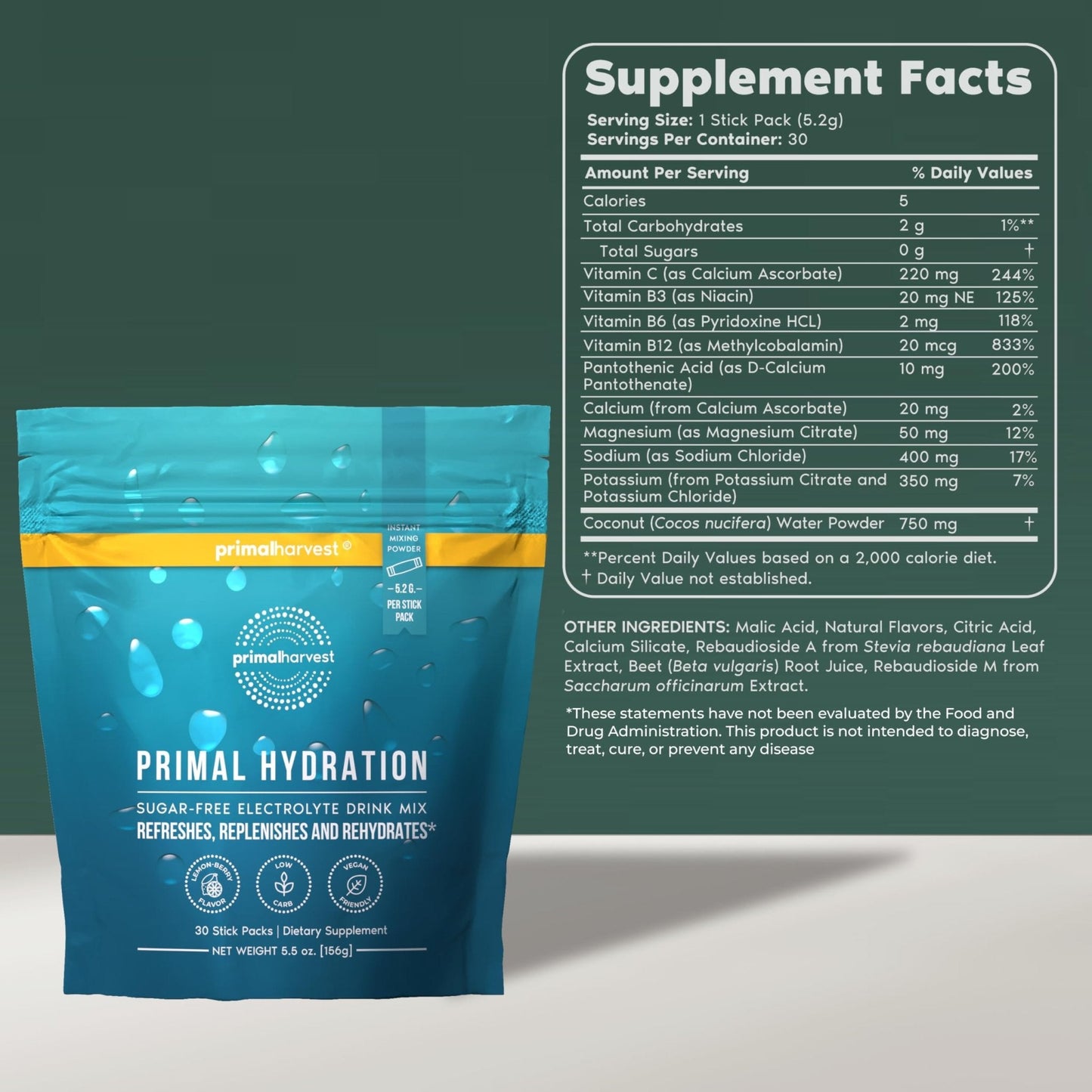 Primal Harvest Electrolytes Powder Packets Primal Hydration, Easy Open Packets, Energy Drink Mix (Lemon Berry, 30 Packs) (1 Bag) - Maple Wellness Supplements