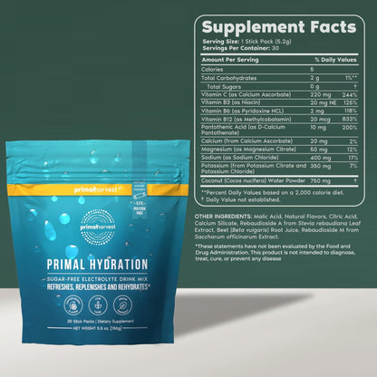 Primal Harvest Electrolytes Powder Packets Primal Hydration, Easy Open Packets, Energy Drink Mix (Lemon Berry, 30 Packs) (1 Bag) - Maple Wellness Supplements
