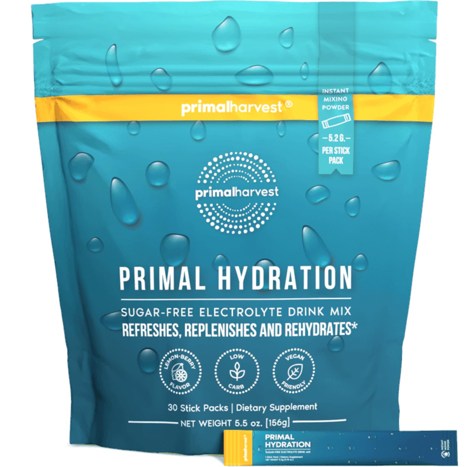 Primal Harvest Electrolytes Powder Packets Primal Hydration, Easy Open Packets, Energy Drink Mix (Lemon Berry, 30 Packs) (1 Bag) - Maple Wellness Supplements