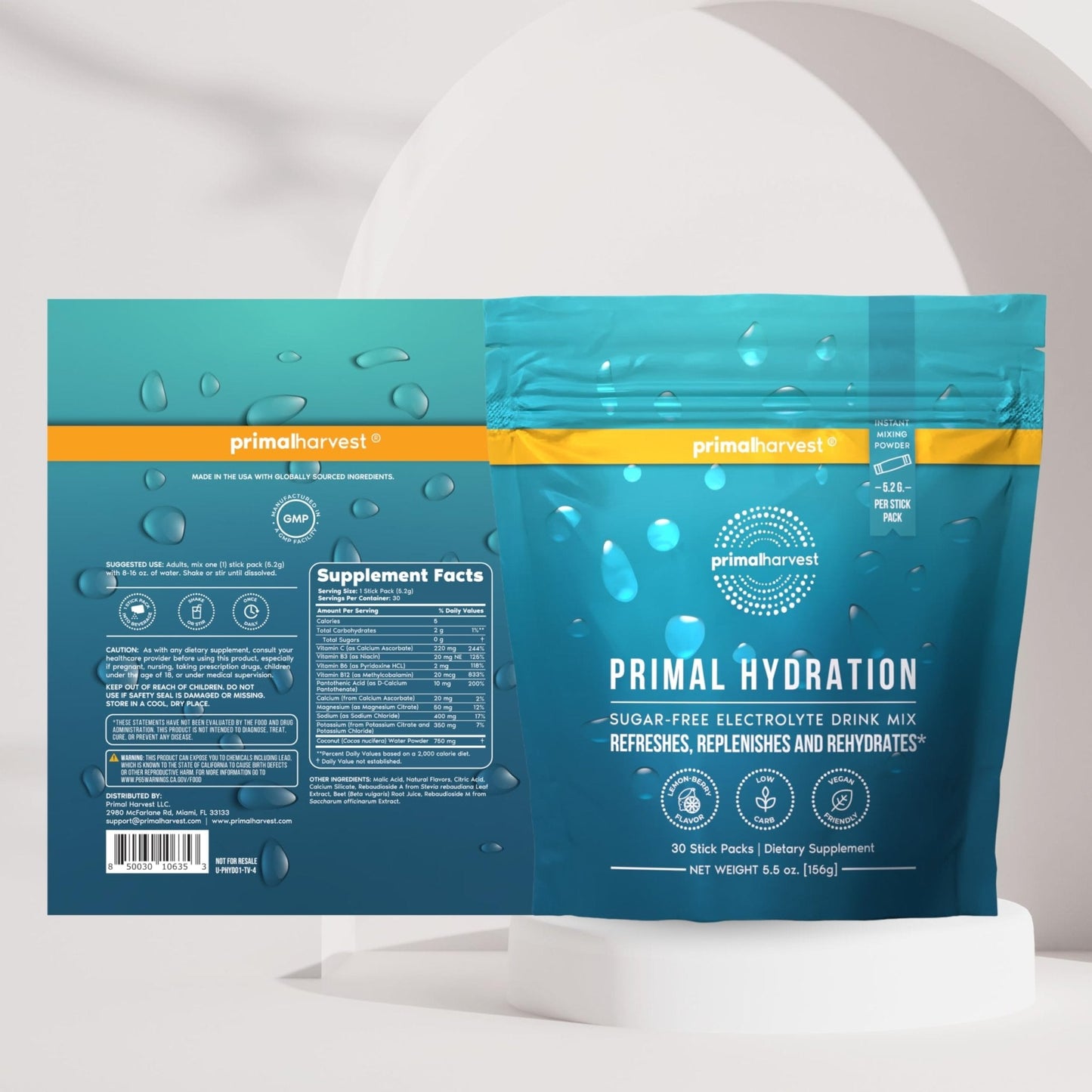 Primal Harvest Electrolytes Powder Packets Primal Hydration, Easy Open Packets, Energy Drink Mix (Lemon Berry, 30 Packs) (1 Bag) - Maple Wellness Supplements