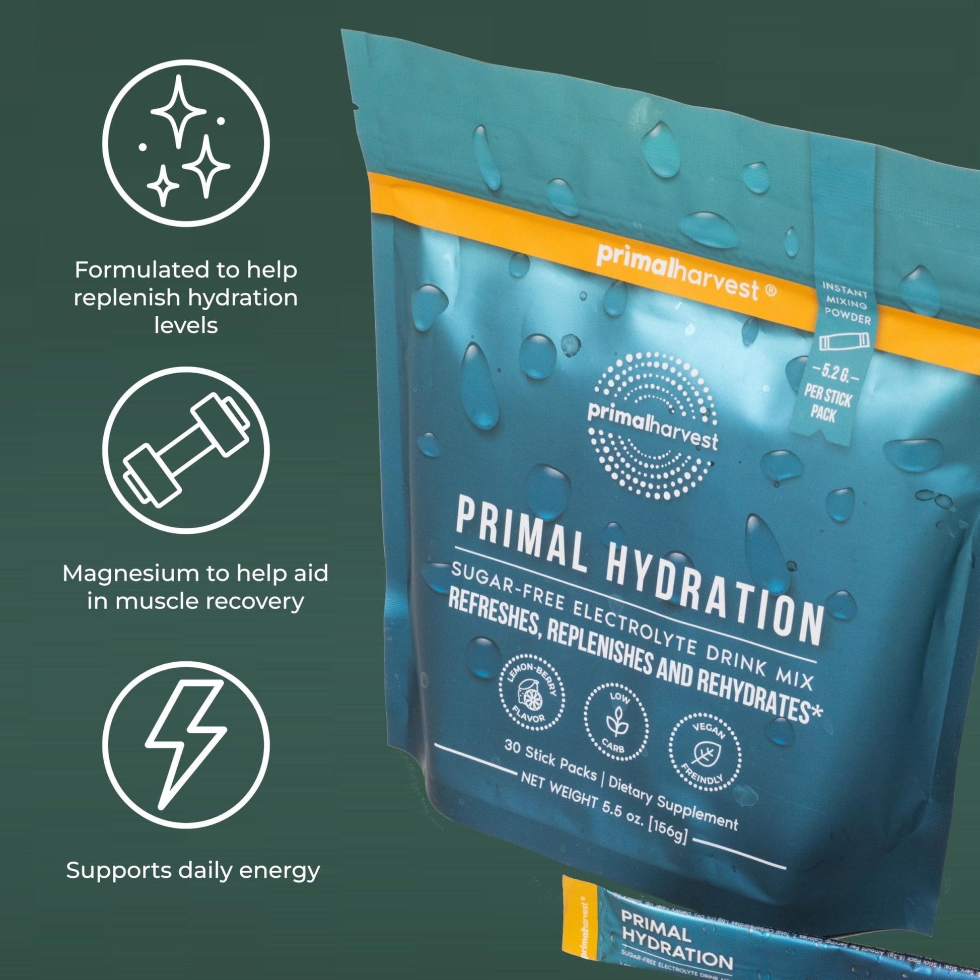 Primal Harvest Electrolytes Powder Packets Primal Hydration, Easy Open Packets, Energy Drink Mix (Lemon Berry, 30 Packs) (1 Bag) - Maple Wellness Supplements