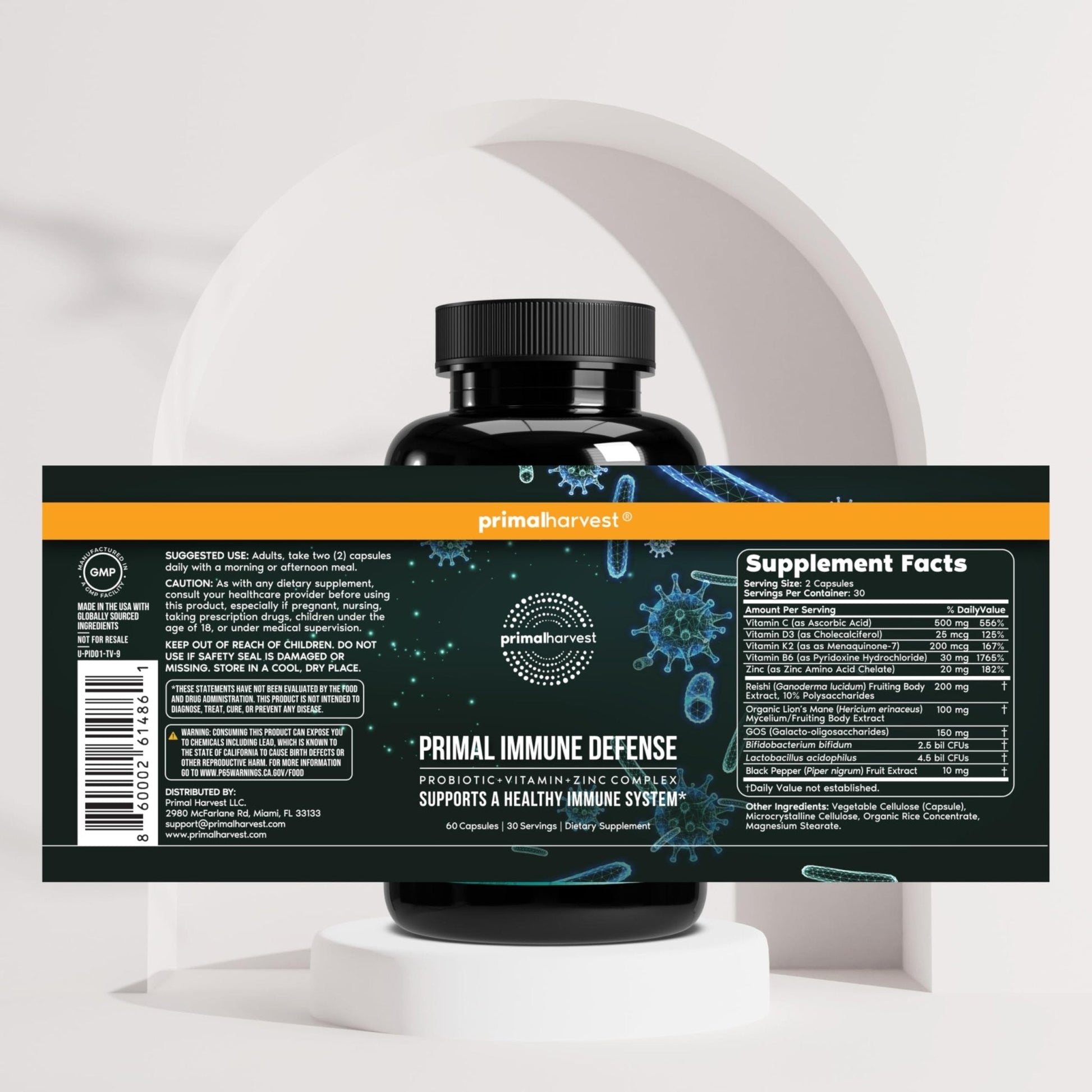 Primal Harvest Immune Defense 10-in-1 Supplement with Probiotics, Zinc, and Vitamins C, D3, K2, B6 Daily Immune Support for Adults - Maple Wellness Supplements