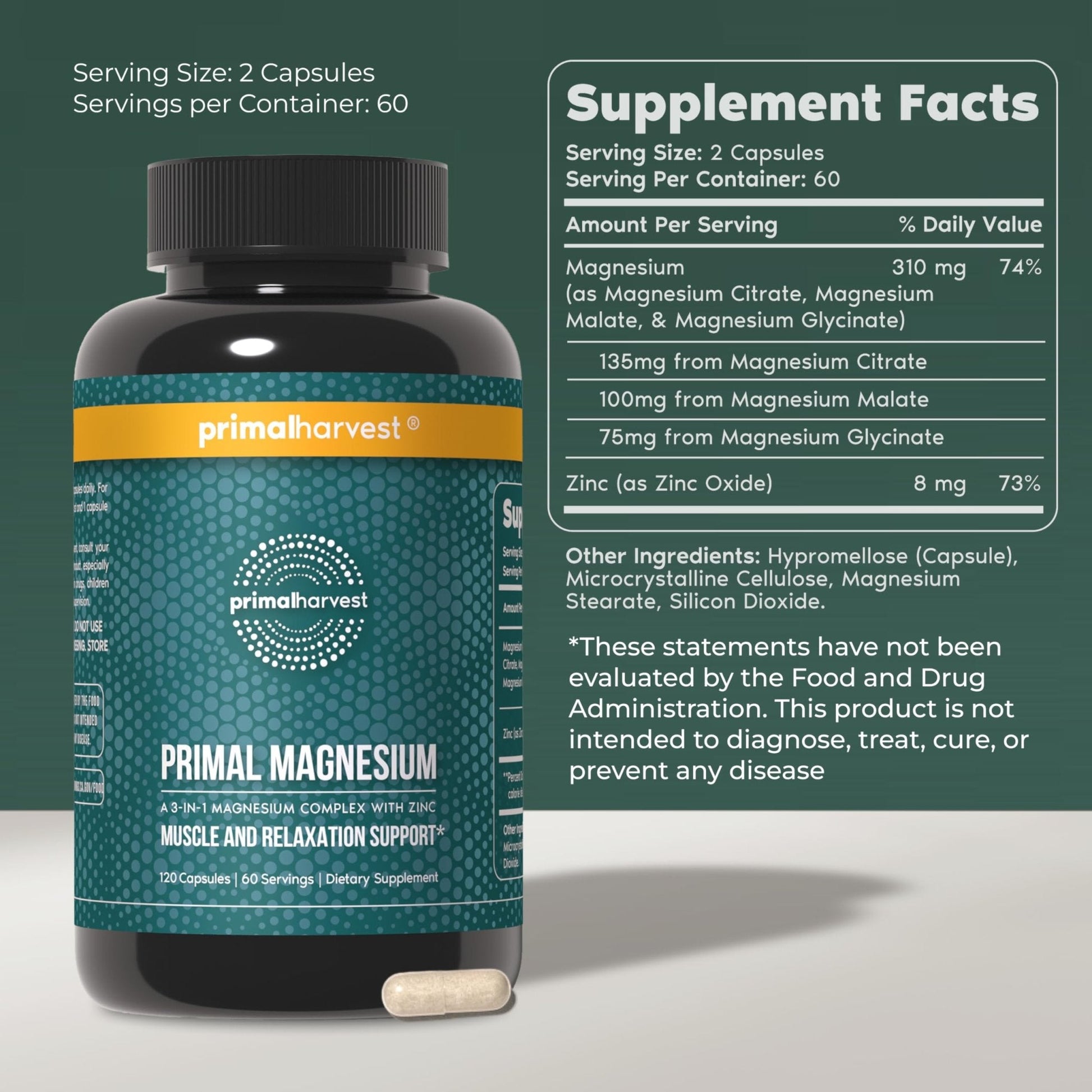 Primal Harvest Magnesium Supplement Complex 310mg by Primal Harvest with Magnesium Glycinate, Citrate, Malate, and Zinc 2 Pack, 240 Capsules - Maple Wellness Supplements