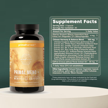 Primal Harvest Meno+ Menopause Support with Saffron & Chinese Herbs Support Mood, Menopausal Symptom Relief, & General Well-Being (1 Pack) - Maple Wellness Supplements