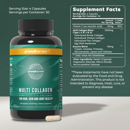 Primal Harvest Multi Collagen Pills for Women and Men (Type I, II, III, V, X) 120 Capsules w/Vitamin C for Hair, Skin, Nails - Maple Wellness Supplements